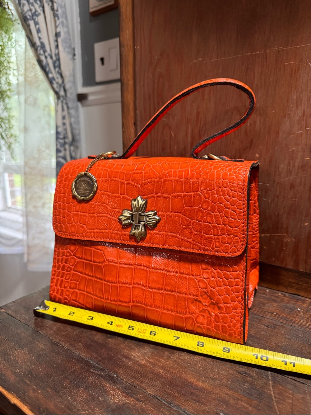 Orange Croc-Embossed Mini Top Handle Bag with Gold Accent